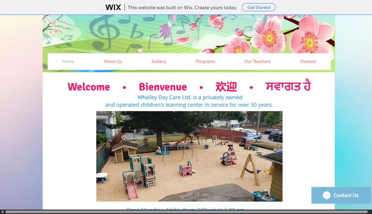 Legacy Whalley Daycare homepage showing its multilingual welcome, service history, and playground