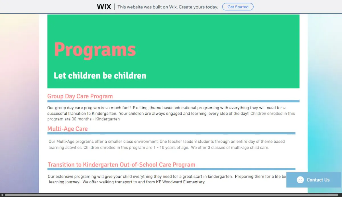 Legacy Whalley Daycare Programs page describing group, multi-age, and kindergarten transition care