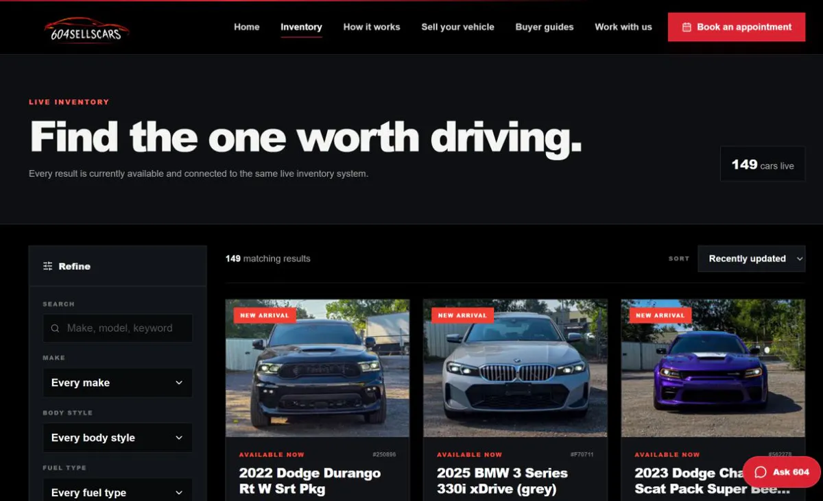 Public 604 Sell Cars inventory page with filters, sorting, and vehicle cards