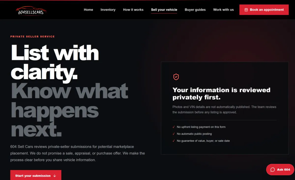 Public 604 Sell Cars seller intake page explaining privacy and the review process