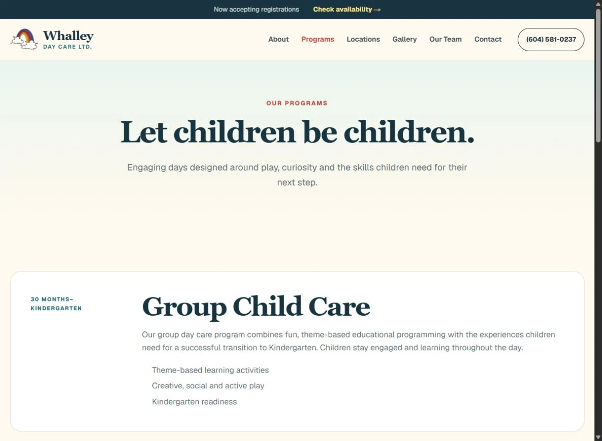Whalley Daycare programs page showing age groups and the group child care description