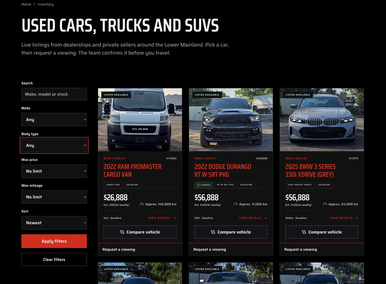 604 Sell Cars inventory page